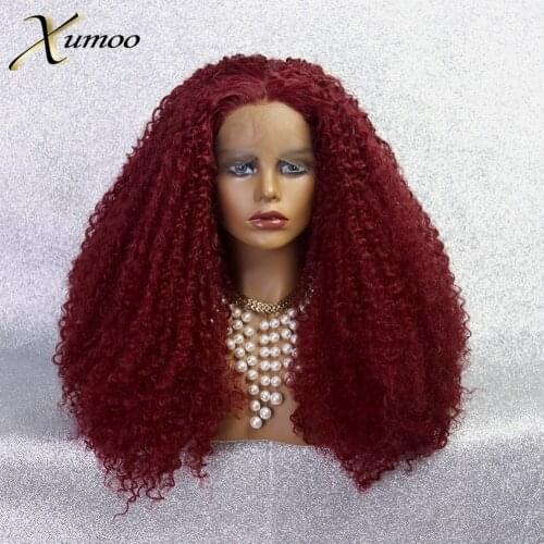 XUMOO High Temperature Fiber Wine Red Synthetic Lace Front Wig Glueless Afro Kinky Curly Burgundy 99J Cosplay Wigs For Women