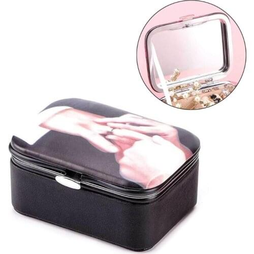 Protable Leather Bracelet Box Earrings Necklace Storage Organizer with Mirror F3MF