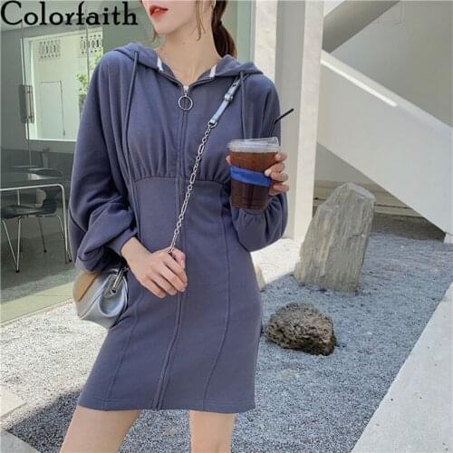 Colorfaith New 2020 Autumn Winter Women Dresses Hooded Zipper Lantern Sleeve Package Hip Casual Minimalist Wild Dress DR91972