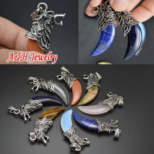 Mixed Color Natural Semi-precious Stone Fang Shape Pendant Wolf Head Silver Necklace Pendant 10pc/lot