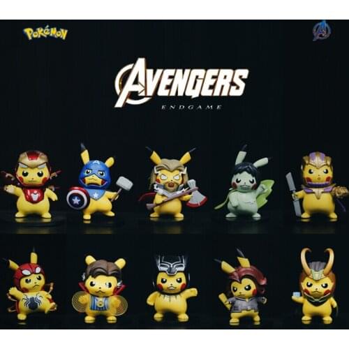 Pokemon toys anime pikachu cos Marvel Avengers hero Iron Man Spiderman Thor Thanos Loki Hulk action figure model kids toys 10CM