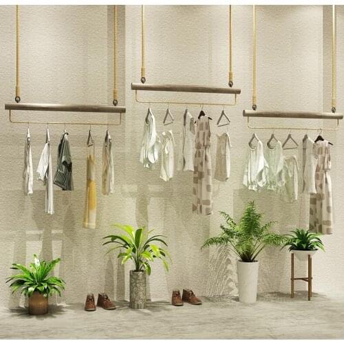 Simple retro clothing store display rack clothing rings ceiling clothing rack high and low rack womens clothing store shelf