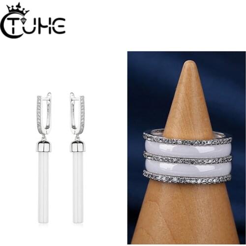 Luxury Crystal Ceramic Ring For Women Long Drop Earring Black White Color Wedding Engament Accessiory Never Scratch Real Ceramic