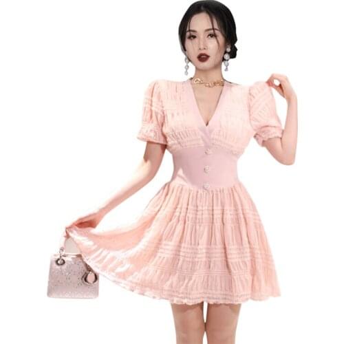 Pink Sexy A line Dresses one piece korean ladies Sexy pleated short Sleeve cabaret party Mini Dresses for women
