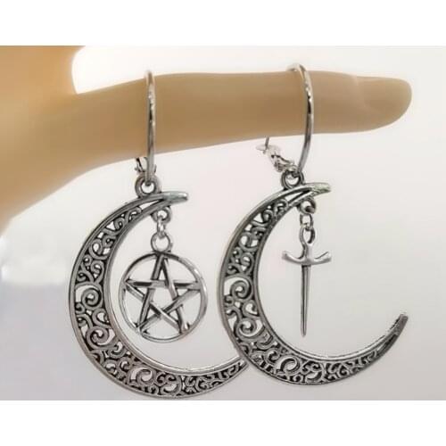 Pentagram Crescent Moon earrings ,Moon and Star earring,sword Pagan earring,Magic wand Wiccan earring,Pentagram moon
