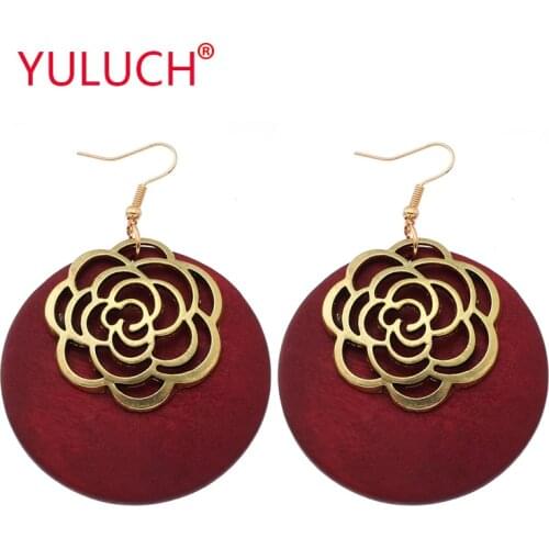 YULUCH 2019 Popular Wooden Jewelry Round Wood Hanging Alloy Rose Pendant Earrings for African Fashion Women Earrings Gifts