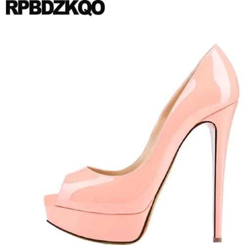 Big Size Pumps Thin Shoes 14cm High Heels Women 2018 Patent Leather Peep Toe Slingback Crossdresser Platform Summer Pink Female