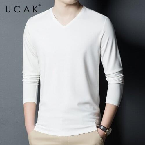 UCAK Brand New Fashion Solid Color Casual Silk T Shirt Men Clothes Spring Autumn Casual Streetwear V-Neck Tshirt Homme U5361