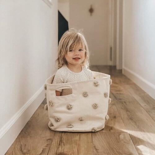 Cotton Pompom Decor Children Toy Storage Bucket Knitted Laundry Basket Photo Prop Large Capacity Baby Toy Organizer