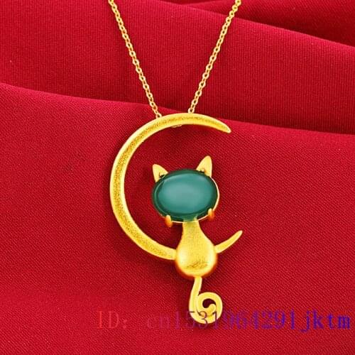 Jade Cat Pendant Jewelry 925 Silver Chalcedony Natural Necklace Gemstone Women Chinese Zircon Gifts Charm Amulet Fashion