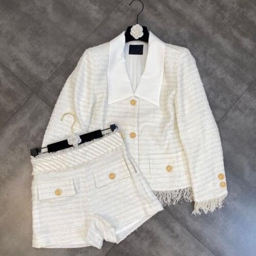 ZCSMLL Two Pcs Women Sets 2021 Fall Winter Lapel Long Sleeve Tassel Gold Button Jacket with Pocket Shorts Woolen Set