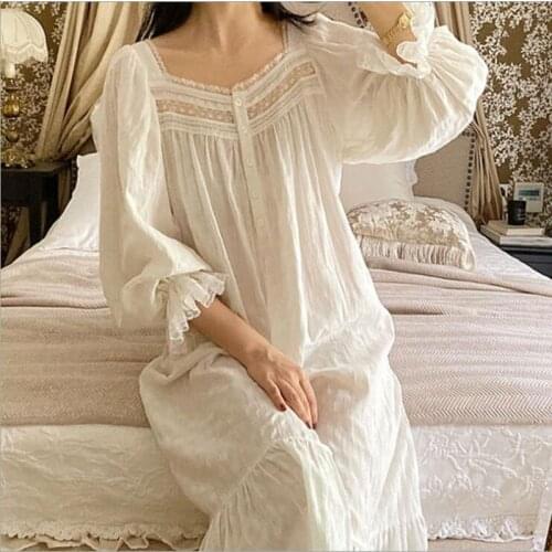 Princess Vintage White Color Full Sleeves Nightgowns Women Autumn Pure Cotton Long Night Dress Girls Sweet Soft Home Dress New