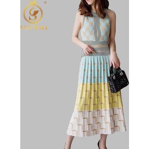 SMTHMA 2021 New High Quality Summer Sleeveless Geometry Knitted Dress Women Slim Holiday Vestidos