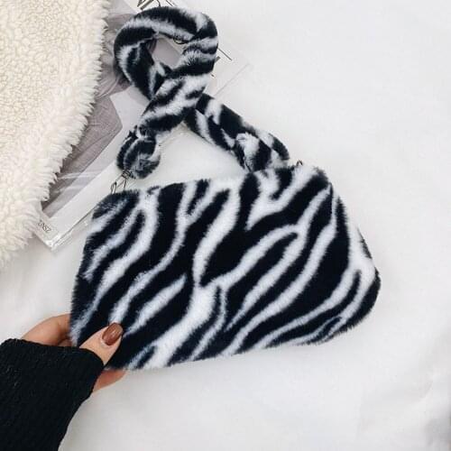 Winter Vintage Zebra Pattern Shoulder Underarm Bag Female Plush Autumn Handbag Soft Warm Fur Tote Purse For Lady Bag Daily Bag