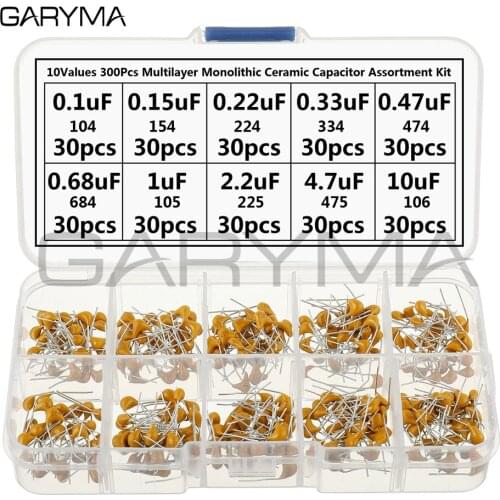 10Values 300Pcs 0.1 0.15 0.22 0.33 0.47 0.68 1 2.2 4.7 10 uF Multilayer Monolithic Ceramic Capacitor Assortment Kit