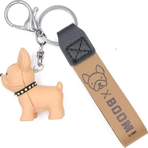 12Color Punk French Bulldog Keychain Leather Dog Keychains Women Bag Trinket Mens Car Key Ring Key Chain