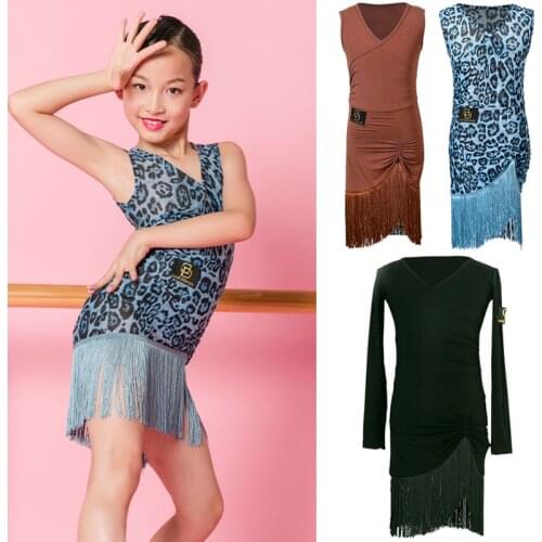 2020 Latin Dance Dress Girls Leopard Fringe Dress Cha Cha Practice Wear Performance Stage Costume Samba Competition Dress 4730