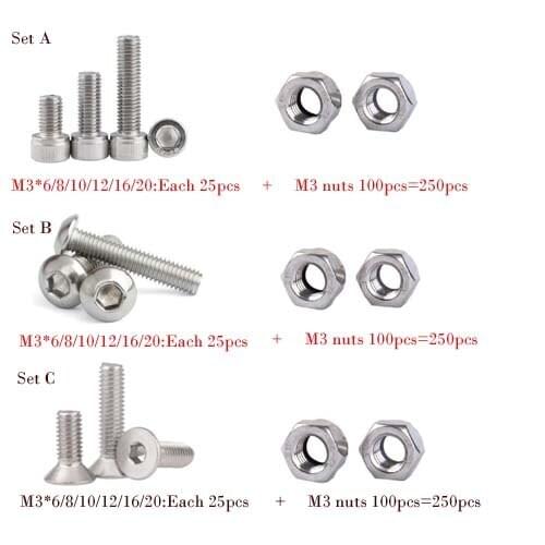 250pc/set M3 Cap/Button/Flat Head A2 Stainless Steel Hex Socket Screws Bolt With Hex Nuts Assortment Kit