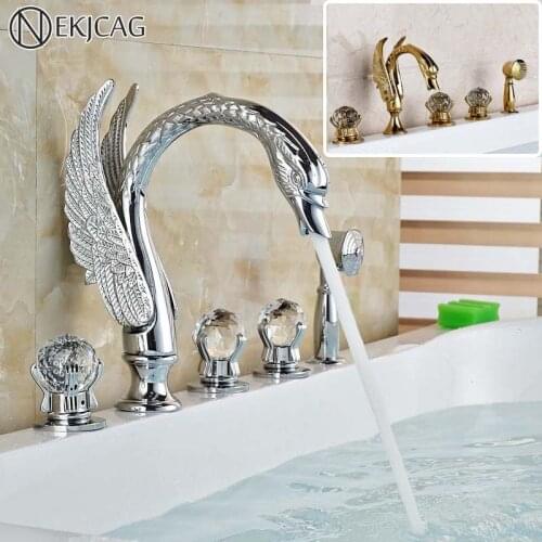 Swan Style Chrome Brass 5pcs Bathtub Faucet Set Deck Mount Widespread Bath Tub Mixer Taps with Handshower
