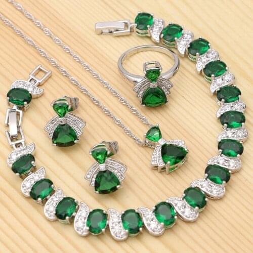 925 Silver Jewelry Sets For Bride Green Triangle Cubic Zirconia Ring Bracelet Necklace Pendant Stud Earrings