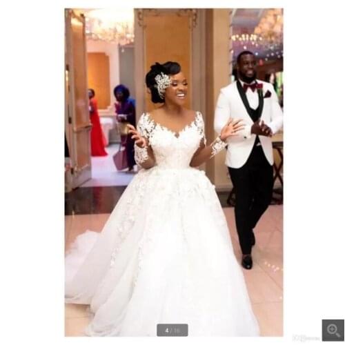 White tulle ball gown wedding dress long sleeve lace appliques south african plus size bride dresses princess puffy illusion