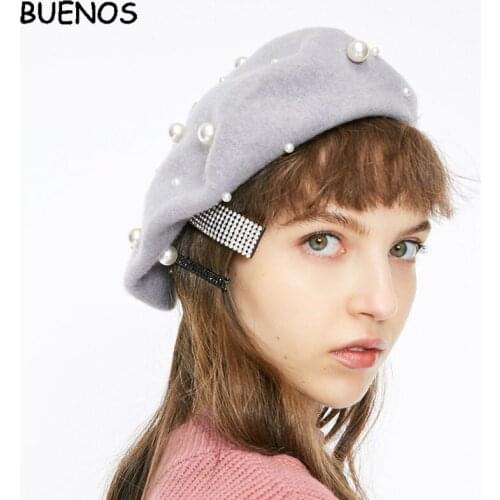 BUENOS Wool Women Winter Berets Luxury Pearl Rivet Vintage Cashmere Female Warm Vogue Beret Hats Girls Flat Cap Beret CA4562/U