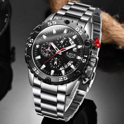 LIGE 2020 Quartz Wrist Watch Silver Black Mens Watches Top Brand Luxury Stainless Steel Watch Men Military Sport Chronograph+Box