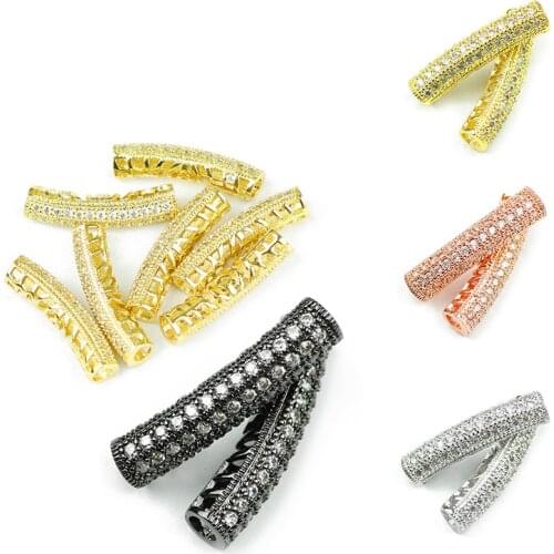 HGKLBB White Pave Zircon Long bending tube Copper Metal Spacer 30mm Crystal Charms Loose beads for Jewelry making bracelet DIY