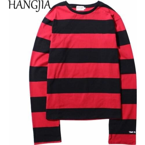 Black Red Stripe T Shirt Oversized Colorblock Men Tshirt and Tops Streetwear Mens Streak T-shirt Long Sleeve Cotton Tshirts