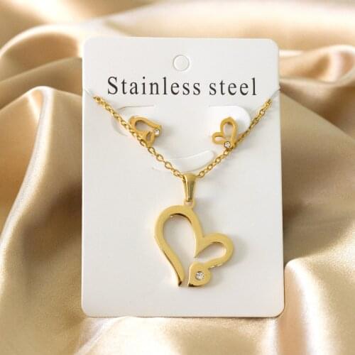 Gold/Silver Color Heart Pendant Necklace and Stud Earrings Set with Cubic Zirconia Stainless Steel Jewelry Set for Women Girl