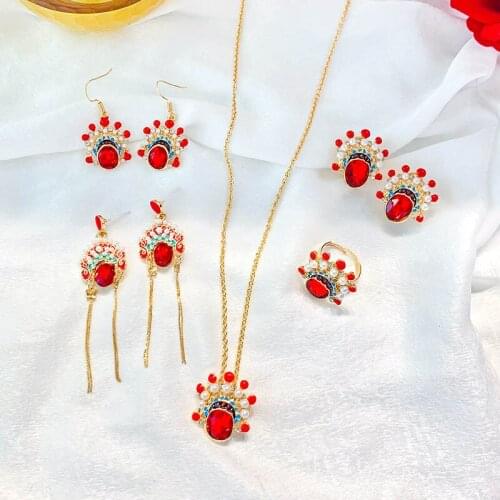 FORSEVEN New Personality Chinese Peking Opera Mask Crystal Pearl Drop Stud Earrings Necklace Finger Rings for Women Girl Bride