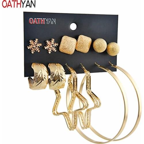 OATHYAN 6 Pairs/Set Fashion Womens Round Star Big Hoop Earrings Sets Mix Gold Color Alloy Square Ball Leaf Circle Earrings Gift