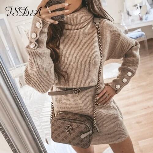 FSDA 2020 Turtleneck Long Sleeve Sweater Dress Mini Oversized Knitted Autumn Winter Khaki Button Women Casual Dresses Loose