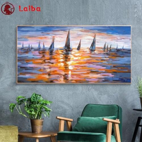 Full square round diamond painting Abstract art, sailing boat on sunset seascape diamond embroidery 5D rhinestone mosaic