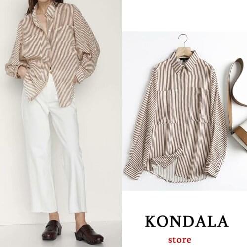 KONDALA Women Spring Summer Shirts Za Chic Vertical Stripes Oversized Button Pocket Fashion 2021 Mujer Tops Casual Blouses