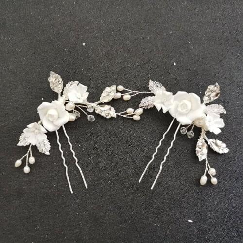 SLBRIDAL Handmade Alloy Leaf Ceram Flower Freshwater Pearls Bridal Hair Pin Wedding Hair Sticker Women Jewelry Hair Accessories
