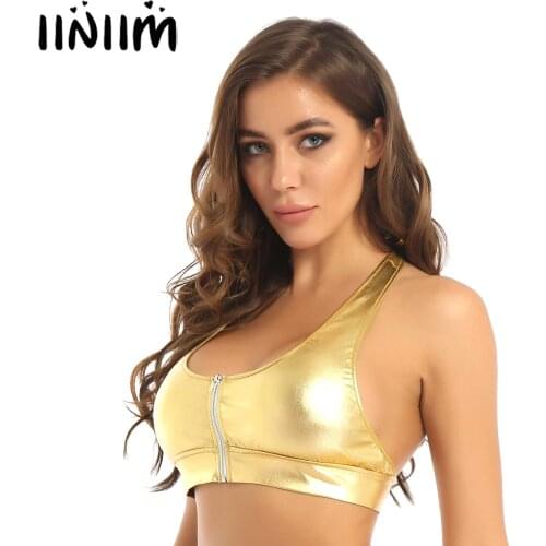 Womens Fashion Clubwear Strapless Vest Tops Wetlook Costumes Rave Pole Front Zipper Shiny Adjustable Crop Halter Top Bra Blouse