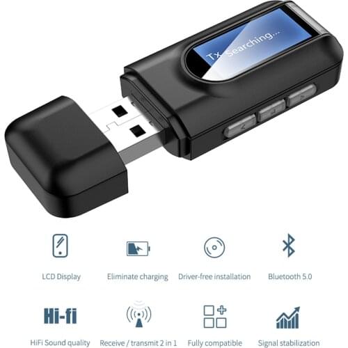 USB Bluetooth 5.0 Dongle Audio Receiver Transmitter with LCD Display Mini 3.5mm Jack AUX USB Wireless Adapter for Speaker