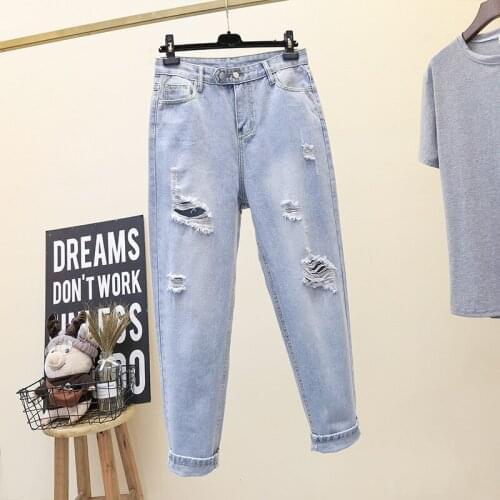 Vintage Denim Ripped Tattered Jeans Pants Women Korean Fashion Trousers Streetwear Light Blue Casual Jean Lady Loose Washed 2021