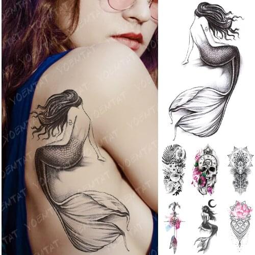 Waterproof Temporary Tattoo Sticker Moon Sea Mermaid Flash Tattoos Flowers Skull Mandala Body Art Arm Fake Tatoo Women Men