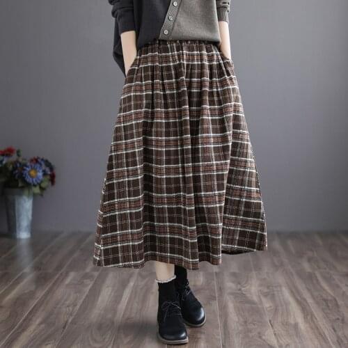 New Spring Women Cotton Linen Literary Plaid Skirt Elastic Waist Loose A-line Women Skirts