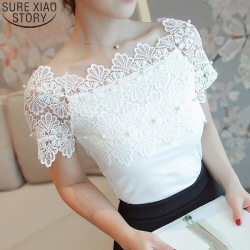 White Beading Patchwork Lace Womens Clothing Sexy Slash Neck Women Blouse Shirt Fashion 2021 Short Sleeve Tops Blusas 80F 30