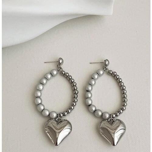 GSOLD Geometric Exaggerated Silver Color Metal Pearl Stitching Drop-Shaped Love Charm Earring Ladies Street Fashion Jewelry