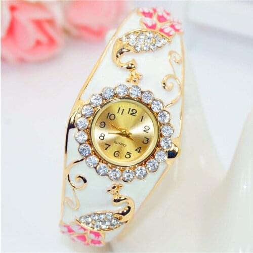 Women Brand Luxury Peacock Craft Bracelet Gold Dress Watch Folk Style Lady Gold Bangle Enamel Diamond Bracelet Quartz Wristwatch