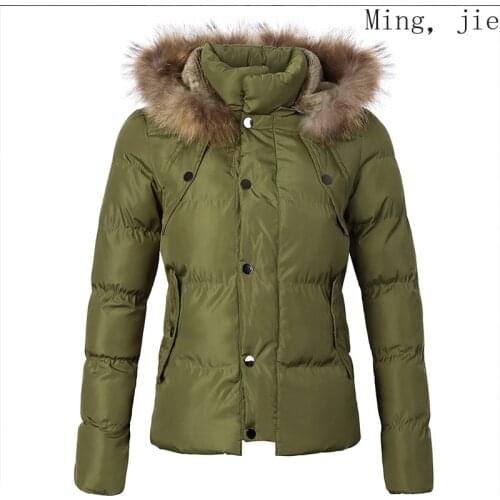 Autumn and Winter New Womens Cotton Coat Coat Jacket Army Green Big Fur Collar Cotton Large Size Plus Luxury Warmth