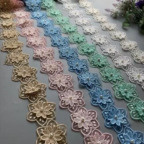 10x Lace Pearl Trim Ribbon 3D Floral Beaded Flower Embroidered Applique Patches Dress Fabric Sewing Craft Vintage 5.5X5.5cm New