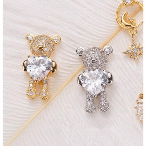 2 Pcs Shiny Zircon Alloy Bear 3D Nail Art Decorations With Heart Crystal Luxury Jewelry Manicure Design Accessories