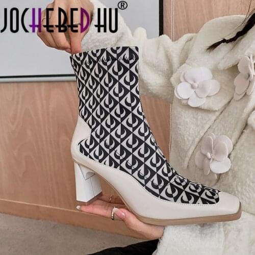 【JOCHEBED HU】2021 New Stretch Fabric Real Leather Ankle Boots Women Print Moon-Shaped Sexy Thin High Heel Autumn Winter 34-40