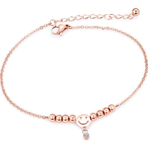 Trendy Charm cute Smile with bead Anklets For Women Rose Gold Color Stainless Steel Ladies Female summer Jewelry Gift