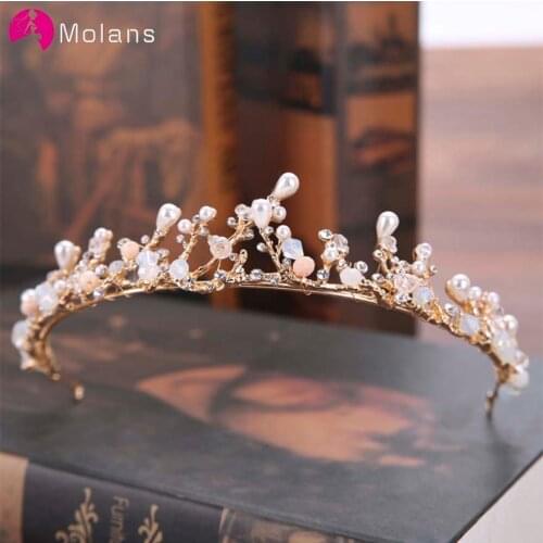 MOLANS Floral Pearl Crystal Crown and Sleeve Chain for Bridal Hair Accessories Golden Branch Princess Crown Headdress for Party